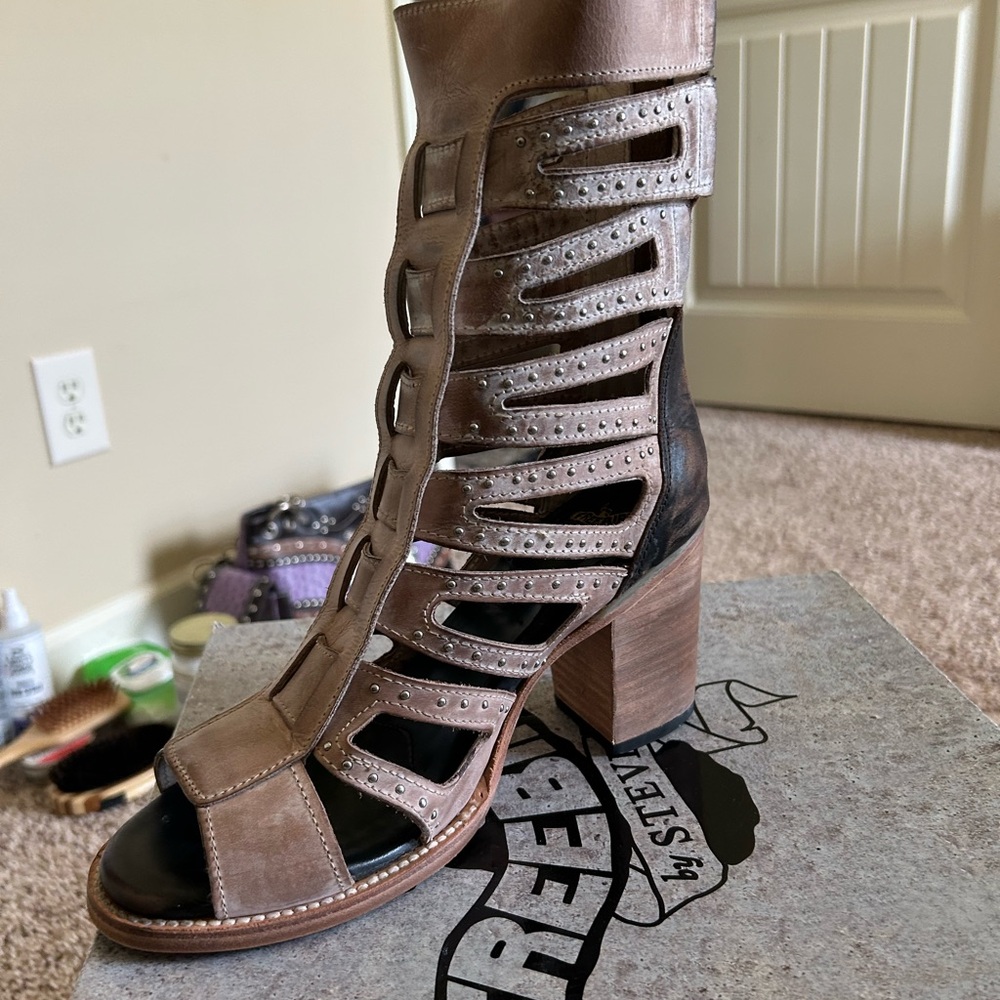 Freebird Tan Heeled Boots with Strappy Design